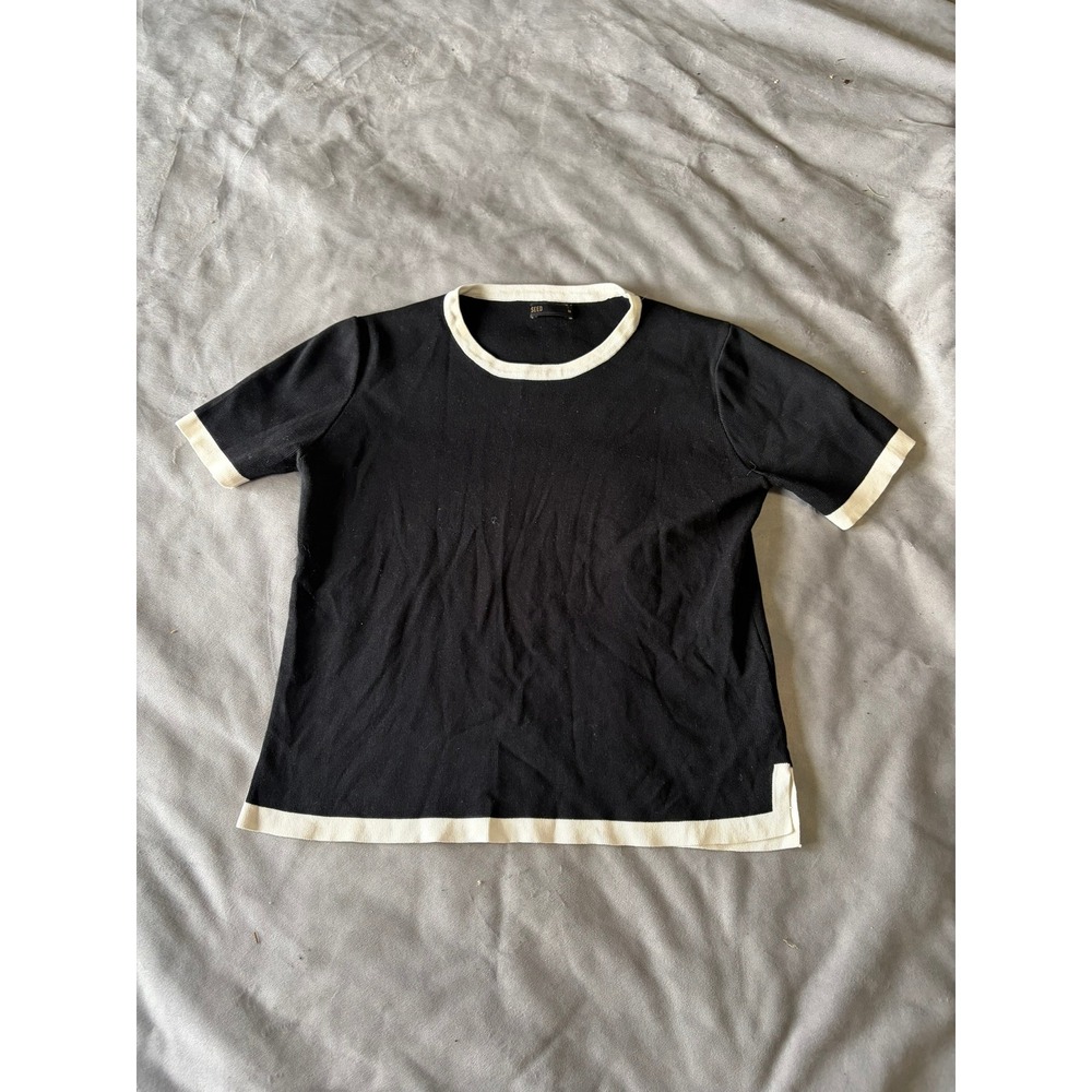 Seed Heritage Womens Black White Ribbed Knit Ringer Short Sleeve Top Size M